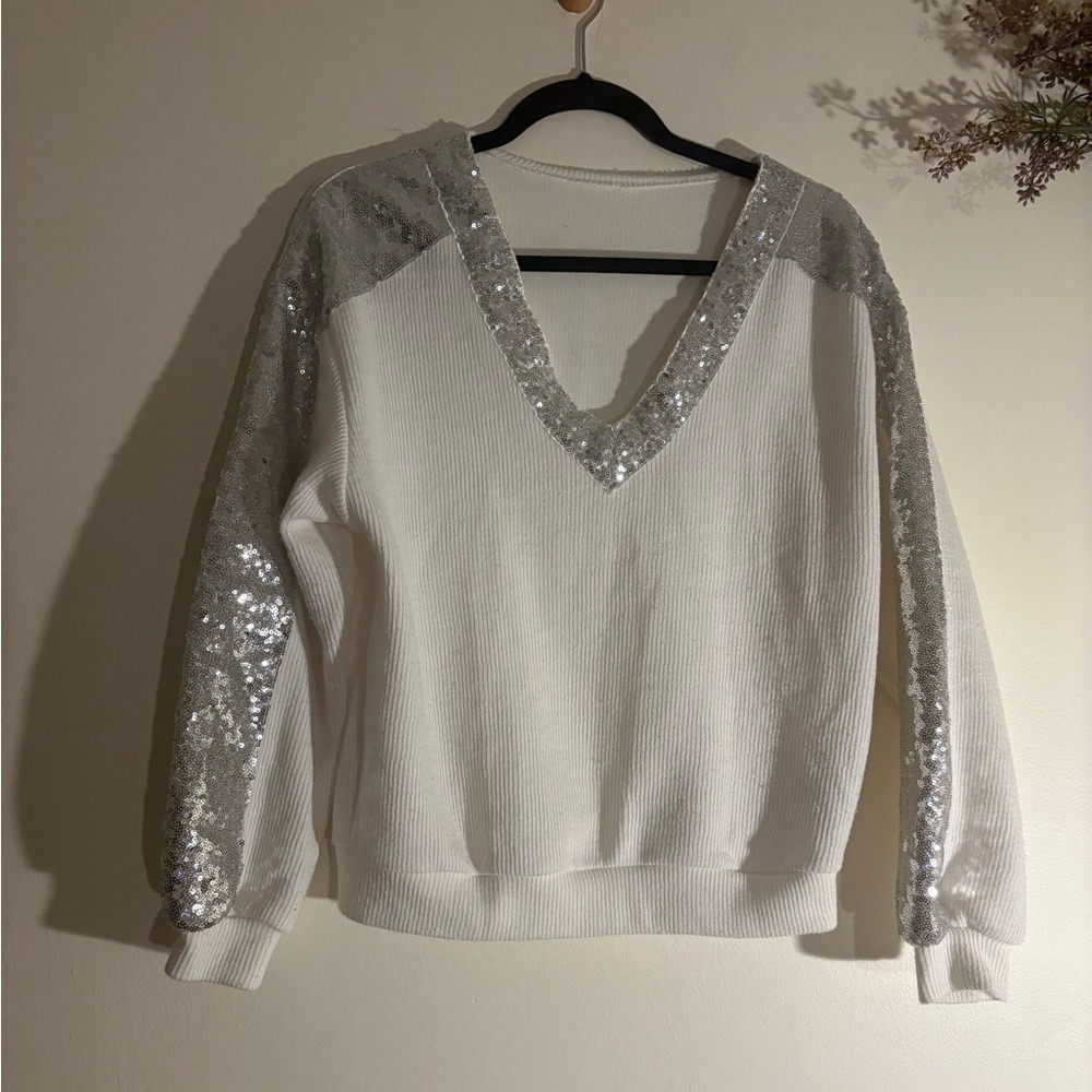 White V-Neck Sweater with Silver Sequins-XS